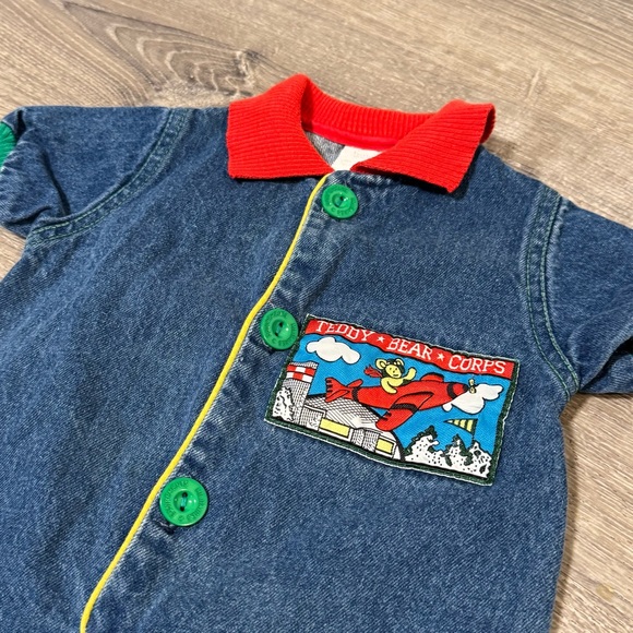 Vintage Teddy Bear Corps Baby Romper Embroidered Airplane Denim jumpsuit - Picture 2 of 9